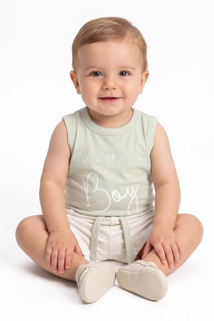 Baby Boy Ecru Green Mamas Boy Written Shorts 2-Piece Set