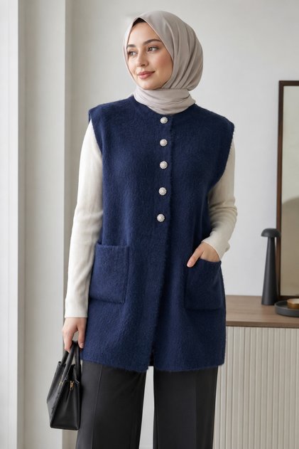 Women's Long Stone Buttoned Pocketed Vest