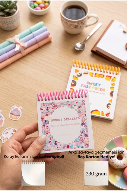Sweet Dessert & Sweet Fast Foods Coloring Book - 10X10 cm Coloring Book / 2 Pieces / for Children and Adults / Relaxing / Hobby / Stress Relief / Enjoyable Coloring Pages
