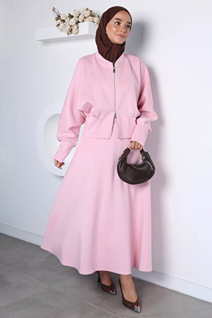 Pink Scuba Fabric Zippered Jacket Skirt Hijab Double Set