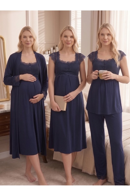 Navy Blue Lace Detailed Maternity Nightgown & Pajama Set 4-Piece Maternity Set