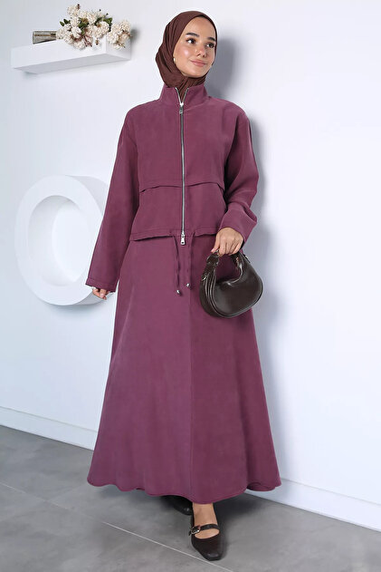 Mürdüm City Style Jacket with Elastic Waist Skirt and Hijab Two-Piece Set
