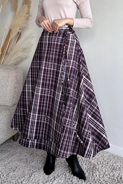 Plaid Patterned Waist-Tie Kiloş Scuba Hijab Skirt