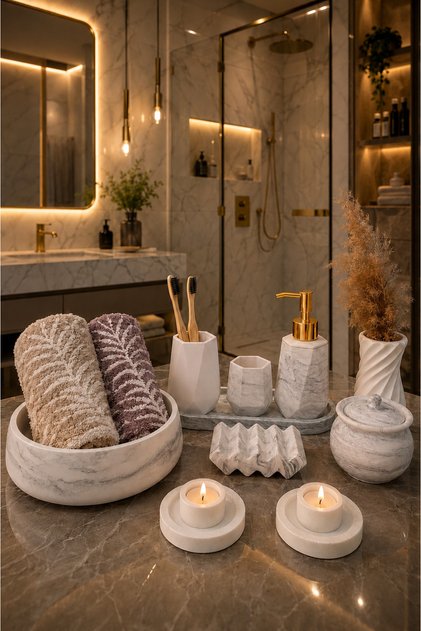 Marble Patterned 9-Piece Bathroom Wc Set Liquid Soap Dispenser Toothbrush Holder Towel Holder Candlestick Candle Holder Decorative Vase