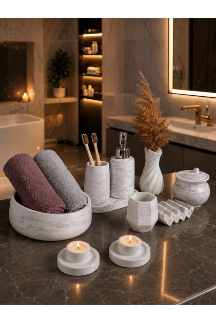Marble Patterned 9-Piece Bathroom Wc Set Liquid Soap Dispenser Toothbrush Holder Towel Holder Candlestick Candle Holder Decorative Vase