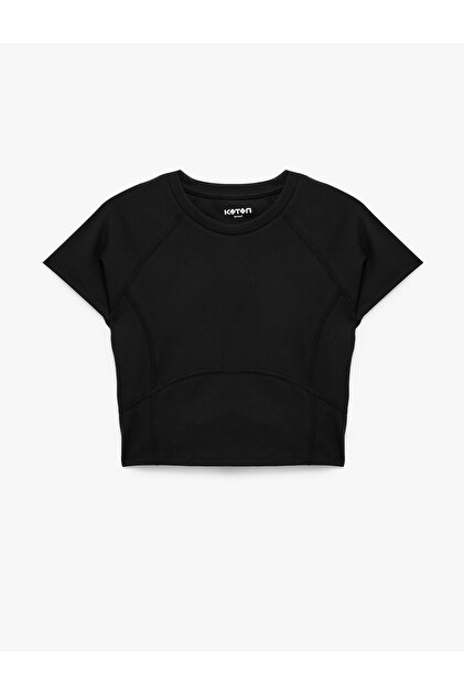 Slim Fit Short Sleeve Crew Neck Crop Sports T-Shirt with Stitching Detail