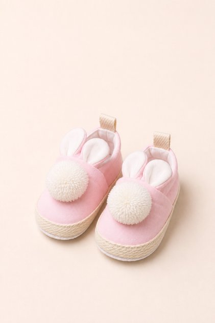 Pudra Pembe Tavşan Kulaklı Ponpon Detaylı Yumuşak Taban Bebek Patik Ayakkabı (4-12 Ay / 18-19 Numara) - LNC 5201