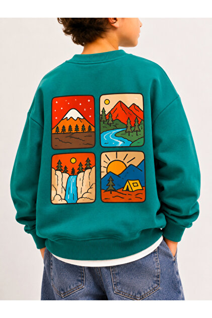 Your Adventure Yeşil Sırt Baskılı %100 Pamuk Oversize Sweatshirt (2-9 Yaş)