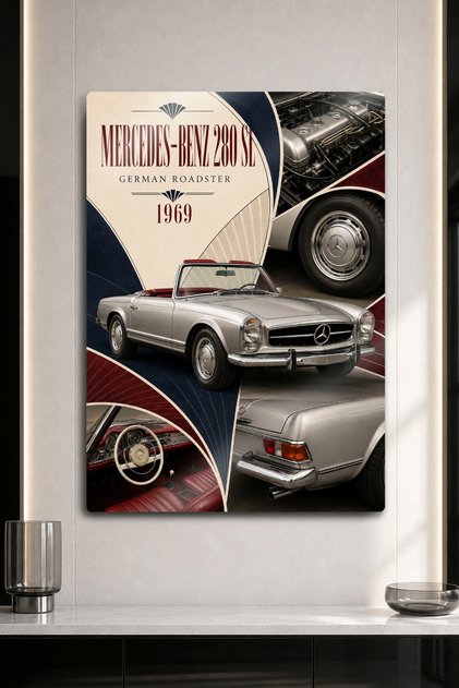 Metal Duvar Dekoru - Mercedes-Benz 280 SL 1969 Gümüş Roadster Klasik Araba Tablo