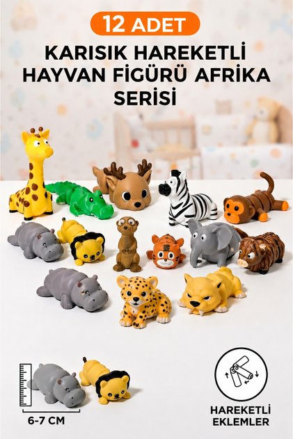 12 Adet Eklemleri Hareketli, Organik, Eğitici Minik Hayvan Figür SAFARİ AFRİKA SERİSİ