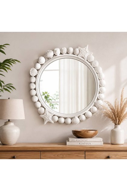 Oglindă decorativă rotundă de perete, model marin cu scoici și stele de mare, alb premium