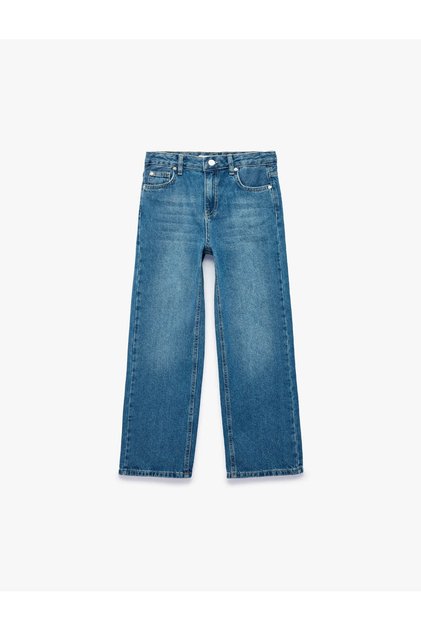 Star Detailed Cotton Loose Fit Wide Leg Denim Trousers