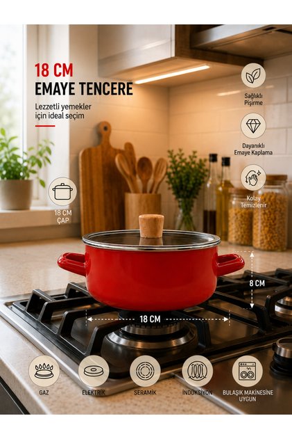 18 cm Emaye Tencere – Cam Kapaklı, Ahşap Kulplu