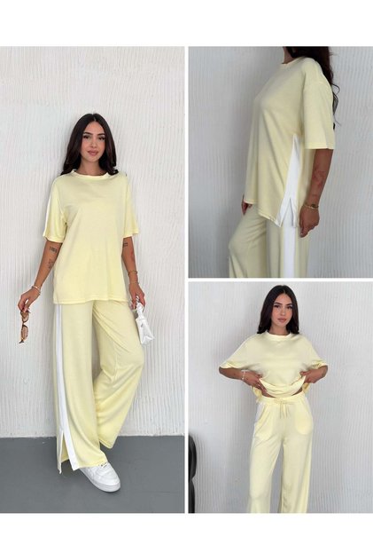 Modal Striped Slit Detailed Trousers T-Shirt Set