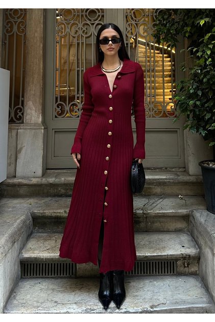 Women's Burgundy Shirt Collar Stylish Buttoned Long Knitwear Dress