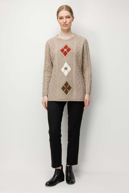 Women's Crew Neck Diamond Embroidered Hair Braided Wool Sweater K.Beige
