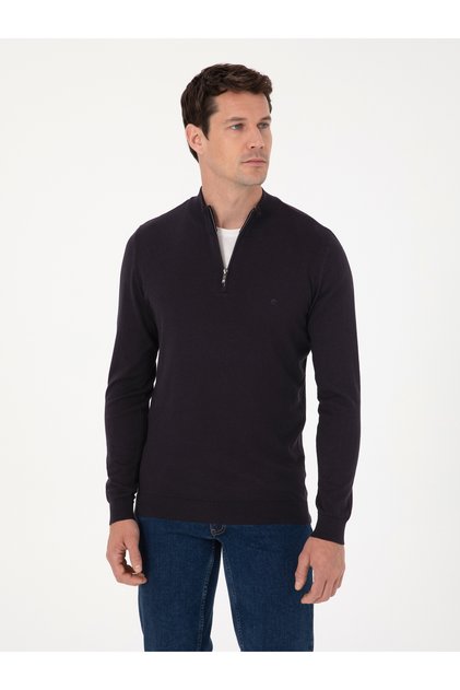 Lacivert Slim Fit Pamuk Karışımlı Yarım Fermuarlı Dik Yaka Triko Kazak 50318981-VR033