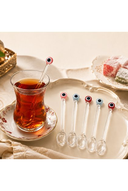 6’lı Cam Çay Kaşığı Seti – Nazar Boncuğu veya Uğur Böceği Desenli Asorti 11 cm