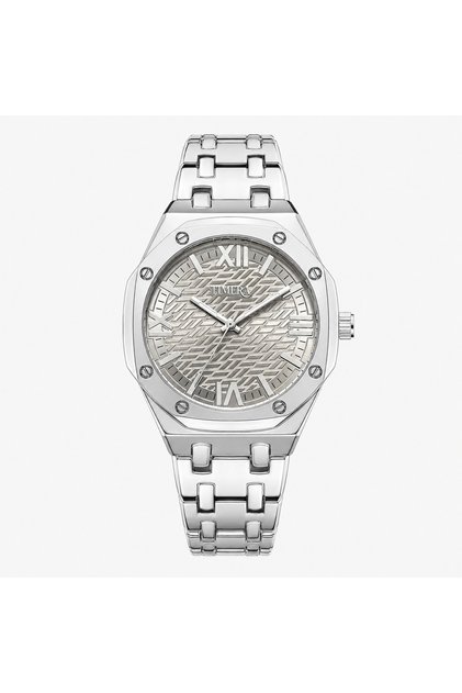 ساعة يد تناظرية بسوار معدني فضي ومينا فضية بنقشة هندسية--TIMERA Analog Wrist Watch with Silver Metal Bracelet and Textured Silver Dial