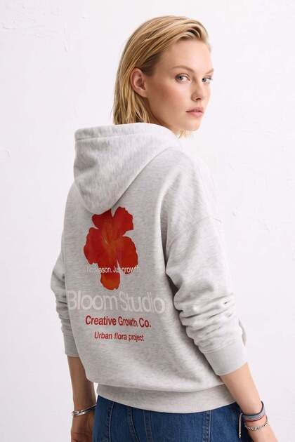Women's Hooded Floral Printed Sweatshirt - Snow Melange
