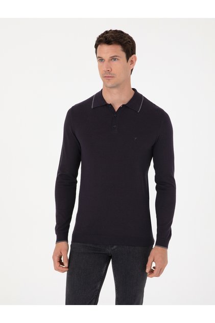Navy Blue Slim Fit Cotton Blend Polo Collar Knit Sweater 50318712-Vr033