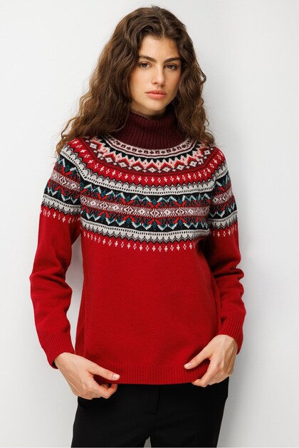 Women's Full Turtleneck Robe Jacquard Wool Sweater Dark Red