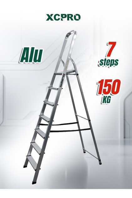 سلم ألومنيوم متعدد الدرجات، 7 درجات، سعة تحمل 150 كجم، ارتفاع عمل 150 سم