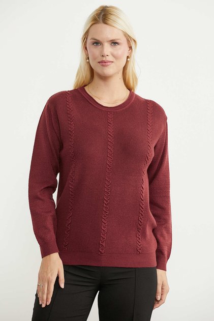 Hair Braid Motif Casual Knitwear Sweater - Burgundy