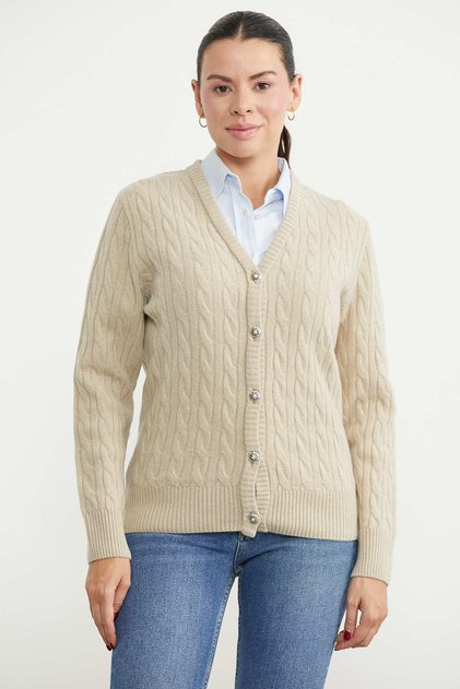 Wool Hair Knitted Motif Knitwear Cardigan - Beige