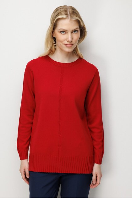 Women's Crew Neck Front and Mid-Sleeve Reverse Knit Knitwear Sweater Red
