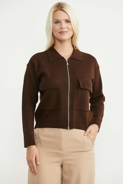 Large Pocket Zippered Knitwear Jacket - Brown