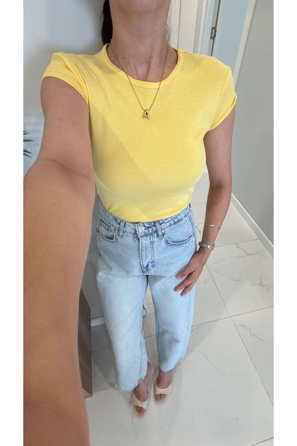 Dlvin Niss Yellow Crew Neck Basic T-Shirt