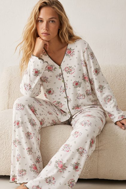 Pink Large Floral Pattern Soft Tuşe Winter Ribbed Cotton Knitted Buttoned Cardigan Pajama Set 8073