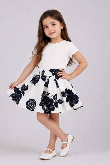 Girl's White Puffy Skirt with Pleated Inner Lining, Rose Print, Waistband and Zipper