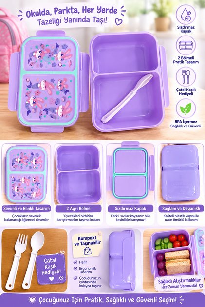 LUNCH BOX MZK884 LİLA GIDAYA UYGUN PLASTİK SIZDIRMAZ ÇİFT BÖLMELİ LUNCH BOX BESLENME KABI 580ml ÇATAL KAŞIK HEDİYE BESLENME ÇANTASI