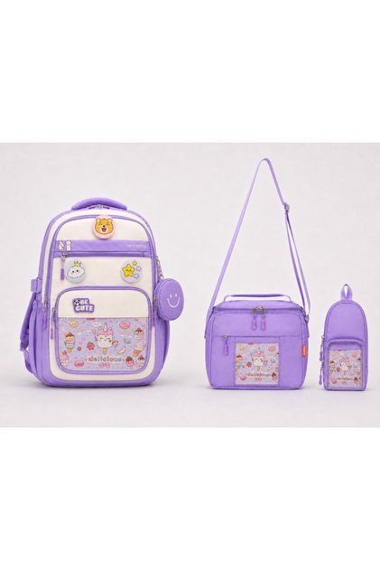Kawaii Korean Style Ice Cream Set with Accessories 3 Pieces Lilac Girls' School Bag Primary School Backpack Lunch Bag Pencil Case