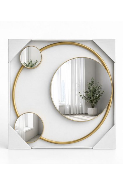 Oglindă decorativă de perete, design geometric asimetric cu 3 cercuri, ramă metalică, auriu premium