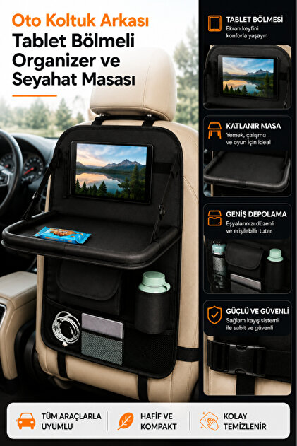 Araç Koltuk Arkası Organizer, Katlanır Masa, Tablet Telefon Tutucu, Bardaklık ve Çok Cepli Ot