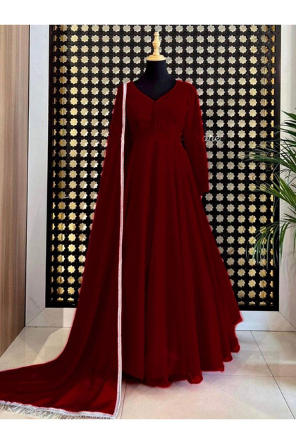 Maroon Faux Georgette Gown Set - FFT8615 | Maroon-Size:S-36-Inches