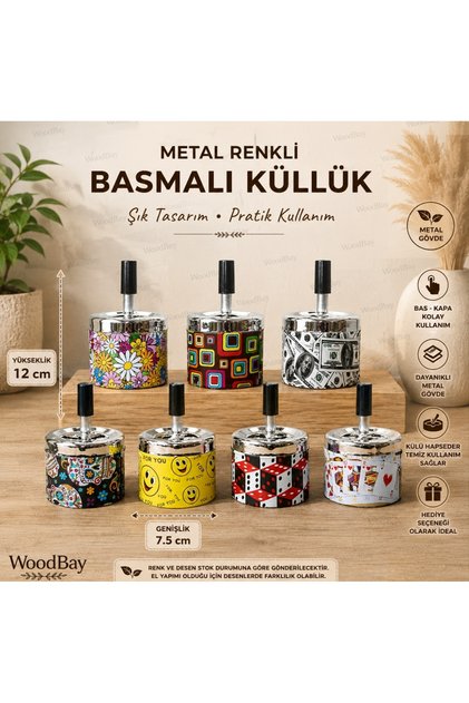 Metal Pressed Ashtray with Colorful Patterned Lid and Rotating Mechanism 12 X 7.5 cm