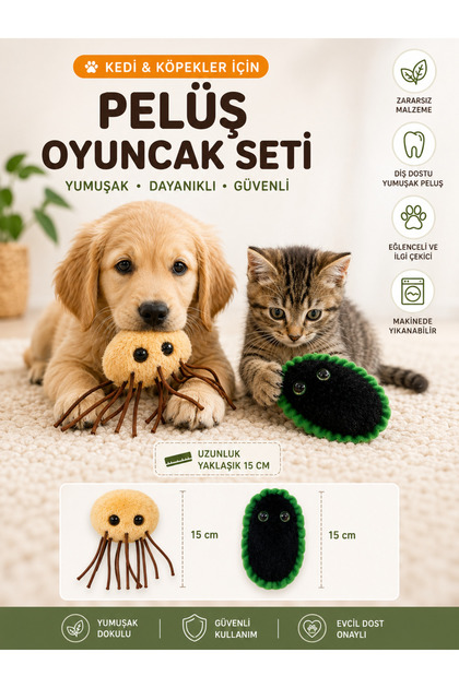 Kedi Köpek Peluş Oyuncak Seti 2’li – Yumuşak Eğlenceli Evcil Hayvan Oyuncağı – 15 c