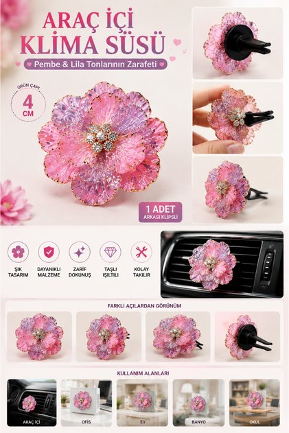 Pink & Lilac Purple Gold Foil Zircon Stone Flower Car Interior Air Conditioning Ornament