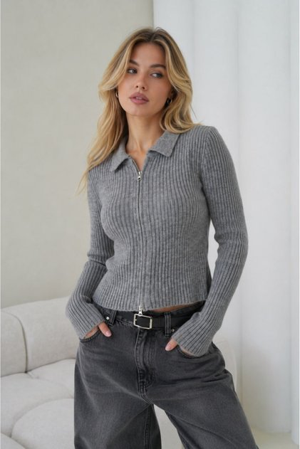 Polo Collar Double Zipper Ribbed Slim Fit Long Sleeve Knitwear Cardigan Aw26Hi0025
