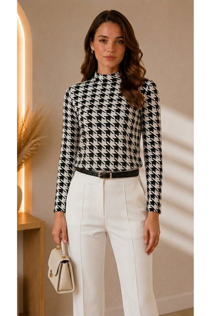 Women's Black Ecru Houndstooth Patterned High Neck Long Sleeve Viscose Elastane Blouse