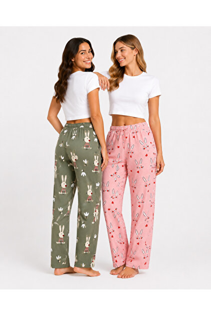 Kadın 2'li Paket Baskılı Yumuşak Dokulu Rahat Kalıp Pijama Altı