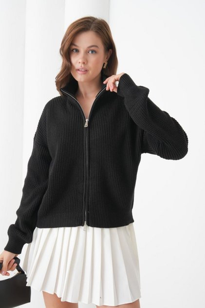 High Neck Double-Way Zipper Off-Shoulder Oversize Long Sleeve Knitwear Cardigan Aw26Hi0023