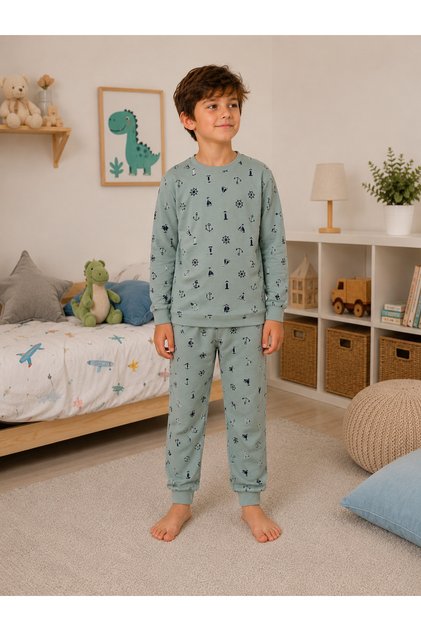 Boy's Patterned Cotton Comfortable Fit Pajama Set | Long Sleeve Children's Pajamas