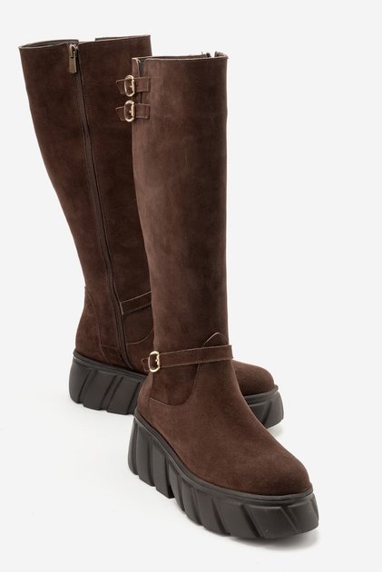 Hanivell Women's Genuine Leather Thick Soled Boots Brown Suede