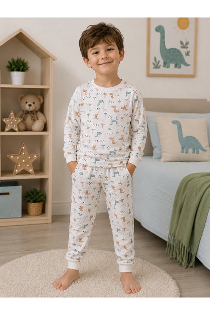 Boy's Patterned Cotton Comfortable Fit Pajama Set | Long Sleeve Children's Pajamas