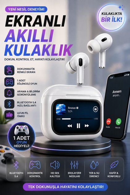 Ekranlı Bluetooth Kulaklık Dokunmatik Akıllı Şarj Kutusu, Oyunlu, Arama Bildirim Gösteren Kablosuz Kulak İçi Kulaklık
